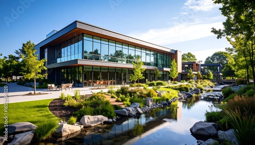 Modern office building with serene landscape
