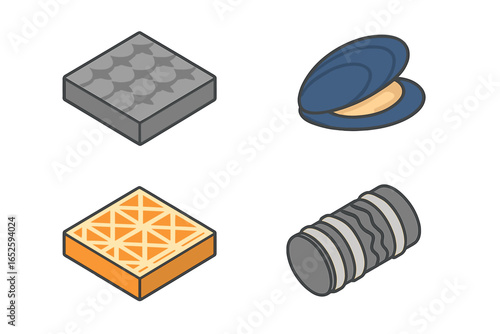Bioinspired materials icon set. Isometric deep-sea biomimicry concepts. Sharkskin texture, mussel shell icons. Advanced material science vector illustration isolated.
