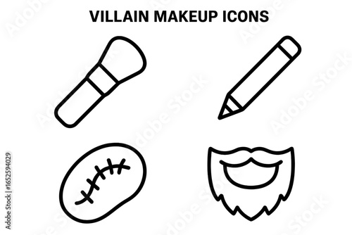 Villain makeup icon set with outline face paint brush, black eyeliner pencil, scar prosthetic, and fake beard vector illustration for costume and Halloween design
