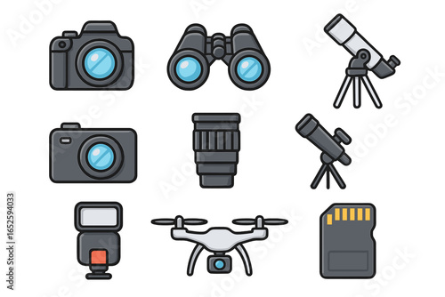 Photography and videography equipment icon set. Camera, lens, drone, binoculars, telescope, flash, and memory card illustrations. Vector cartoon collection for tech design.