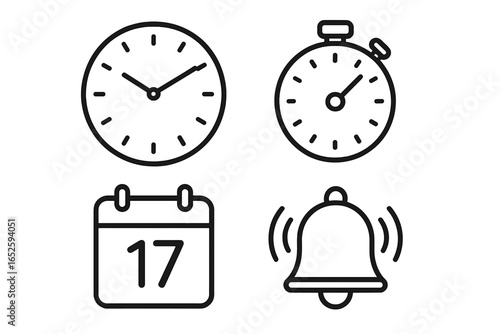 Time management icons set. Outline symbols of punctuality and efficiency. Clock, timer, stopwatch, calendar date, and reminder bell for deadlines. Vector illustration.