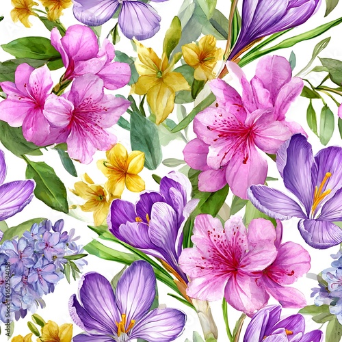 Vibrant Watercolor Floral Pattern with Crocus and Azalea flower