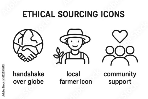 Ethical sourcing line icon set. Vector symbols for fair trade, local farmer, community support. Concepts of sustainable business, social responsibility, local agriculture.