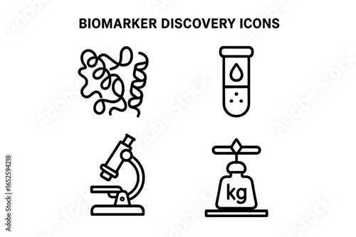Biomarker discovery icons. Set of linear symbols for medical research and laboratory analysis. Protein structure, blood test tube, microscope, mass spectrometry concepts.