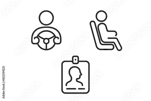 Driver and passenger transport roles icon set. Outline symbols for person driving, seated passenger, and driver ID badge. Vector for car sharing app UI, website, license.