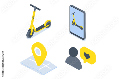 Isometric icon set for electric scooter sharing app. Mobility startup concept. Includes e-scooter, rental app, map navigation, and user profile. Urban transport vector.