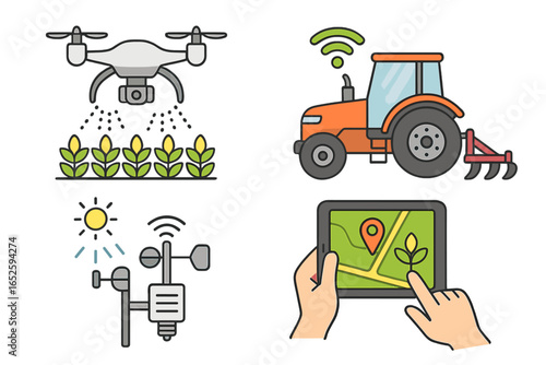 Smart farming technology icon set. Precision agriculture, agri-tech concepts. Drone spraying crops, autonomous tractor, weather station, GPS navigation on tablet vector icons.