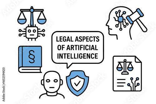 Artificial Intelligence law concept with icons. Legal aspects of AI, machine learning ethics, robot rights, technology regulation, compliance, and policy illustration.