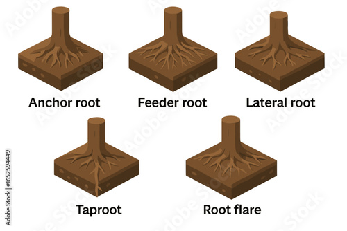 Tree root system icon set. Isometric vector illustration of different root types: anchor, feeder, lateral, taproot, and flare. Educational botany diagram concept.