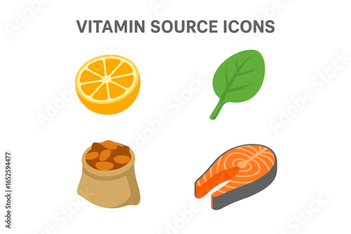 Isometric Flat Vector Icon Set of Vitamin and Mineral Sources Featuring Citrus Orange, Spinach Leaf, Almond Bag, and Salmon Fish Illustration on Transparent Background