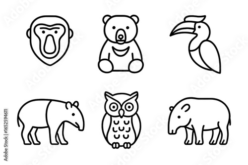 Tropical animals line icon set. Jungle wildlife collection. Outline vector symbols of rainforest fauna. Proboscis monkey, sun bear, hornbill, Malayan tapir, owl icons.