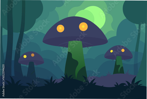  giant mushrooms with glowing caps in a misty fores