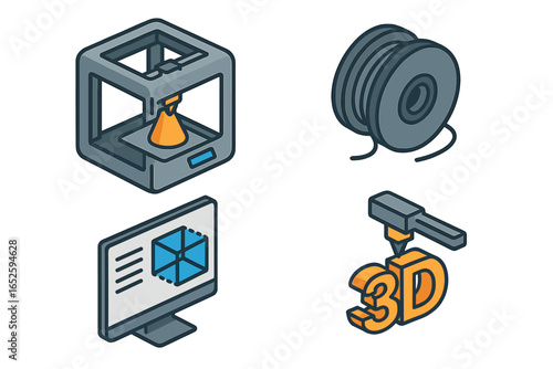 3D printing technology icon set. Isometric vector illustration of a printer, filament spool, CAD software, and additive manufacturing process. Maker space concept icons.