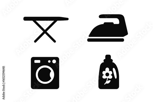 Fabric care solid glyph icon set. Laundry, cleaning, and household chore symbols. Vector illustration of iron, ironing board, washing machine, and detergent bottle.