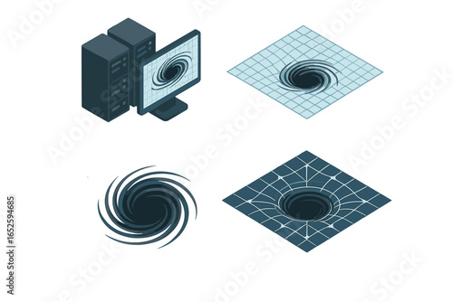 Isometric black hole simulation icon set. Vector graphics for astrophysics, showing spacetime grid, gravitational singularity, and computer modeling on a server cluster.