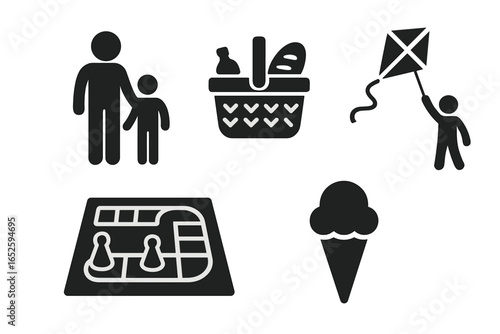 Family fun solid icon set with parent and child pictogram, picnic basket, child flying kite, board game, ice cream cone. Glyphs for leisure, recreation, childhood.