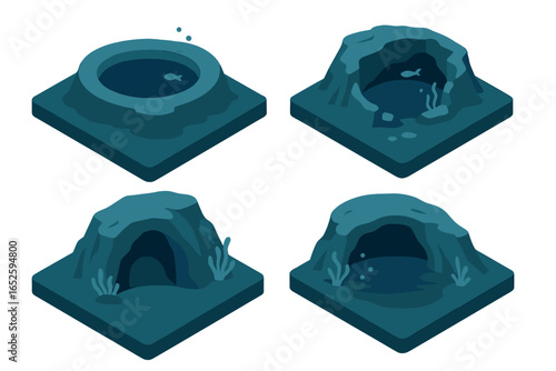 Underwater cave icon set in isometric style. Vector collection of sea and ocean cave entrances, blue hole, and cenote opening. Flat design grotto and cavern graphics.