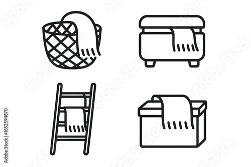 Blanket storage ideas. Home organization icon set. Throw blanket in woven basket. Storage ottoman. Decorative ladder. Cozy living room decor. Declutter concept vector.