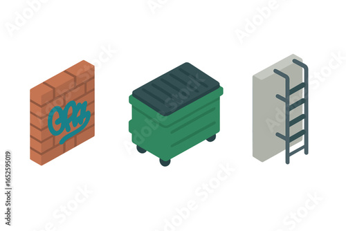 Isometric urban alley icon set with city elements. Flat vector illustration includes graffiti on brick wall, garbage dumpster, and building fire escape ladder.