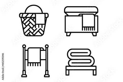 Blanket storage solutions outline icon set. Home organization concept. Cozy hygge lifestyle. Throw blanket in a woven basket, storage ottoman, and on a rack. Vector.