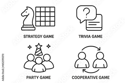 Board game genres icon set. Collection of line art pictograms for strategy, trivia, party, and cooperative games. Vector symbols for game night fun and leisure activity.