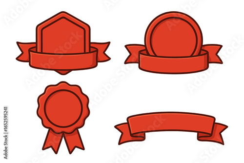 Red badge and ribbon set. Vector collection of banners, labels, and award seals. Blank templates for sales, promotions, or quality guarantee emblems. Cartoon style graphic elements.