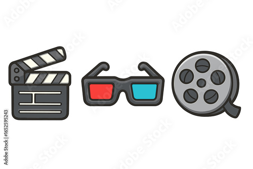 Cinema and movie production icon set. Vector illustration of film elements clapperboard, 3D glasses, and film reel. Concepts for entertainment, media, and filmmaking.