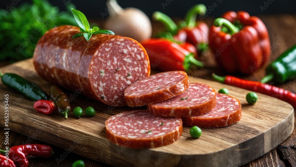 Thinly sliced salami spread out on a wooden board for serving Thinly sliced salami spread out on a wooden board for serving