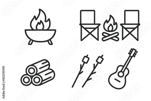 Bonfire and camping outline icon set. Vector symbols collection for outdoor adventure. Includes campfire, fire pit, firewood logs, camp chairs, roasting marshmallows, guitar.