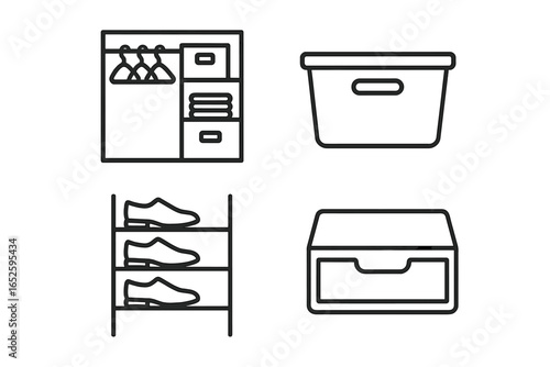 Vector line icon set for home organization and storage solutions. Closet, wardrobe with clothes, shoe rack, and container box icons for decluttering and household concepts.