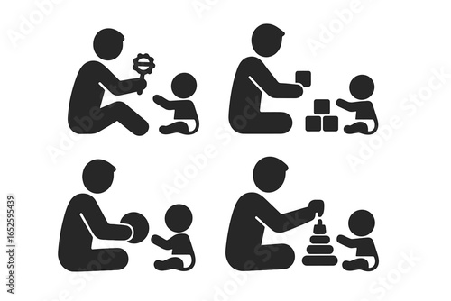 Father child toy icon set. Solid filled pictograms of a father playing with his baby. Scenes with rattle, building blocks, ball, and stacking rings. Parenting, childcare, family.