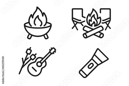 Bonfire gathering outline icon set. Camping and outdoor recreation symbols. Campfire with logs, fire pit, camp chairs, guitar, flashlight, and roasting marshmallows.