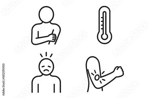 Vaccination side effects line icon set. Medical vector symbols for vaccine symptoms like fever, headache, arm pain and injection site reaction. Health care illustration for monitoring.