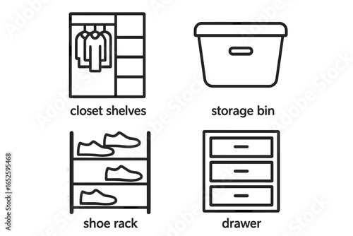 Storage solutions outline icon set. Home organization and decluttering concept. Includes closet shelves, wardrobe, storage bin, shoe rack, and drawers. Vector symbol.