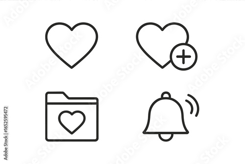 Wishlist Icon Set Outline, Favorites Heart Symbol, Add to Wishlist Button, Favorite List Folder, Notification Bell, User Interface Vector Illustration, Transparent