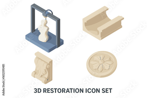 3D printer restoration technology isometric icon set. Manufacturing decorative architectural elements. Creating ancient statue fragment, molding, ornamental corbel, flower rosette.