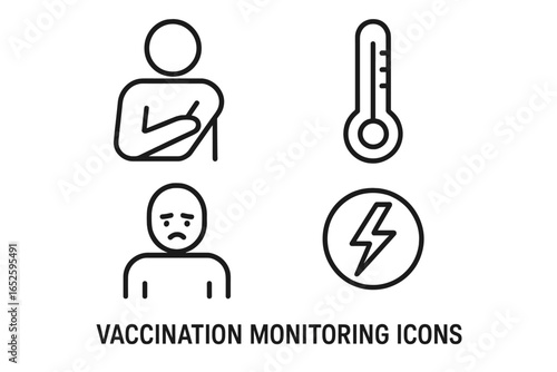 Vaccination monitoring icon set. Vaccine side effects symbols. Health care concept for immunization, covid-19. Medical icons of fever, arm pain, fatigue, and headache. Vector.