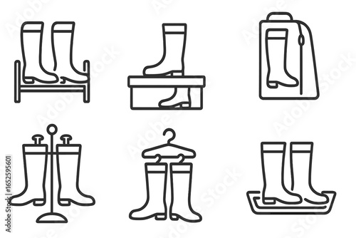 Boot storage linear icons set. Footwear care and home organization solutions. Boot rack, box, bag, tree shaper, hanger, and tray. Editable stroke vector pictograms.