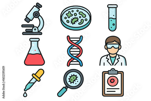 Science icon set. Laboratory equipment for biology and chemistry research. Vector cartoon illustration of microscope, petri dish, bacteria, DNA, test tube, scientist, flask.