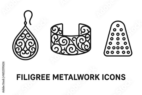Filigree metalwork icons set. Outline vector illustration of delicate handmade jewelry. Includes openwork earring, intricate cuff bracelet, and granulation technique.