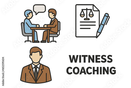 Isometric Flat Icons of Witness Coaching and Preparation, Legal Consultation, Testimony Training, Lawyer Meeting, Legal Document and Coaching Session Illustration Vector