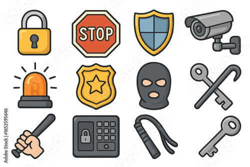 Security and crime icon set. Vector cartoon illustration of safety, protection, police, and law elements. Includes padlock, shield, cctv camera, safe, and thief mask.