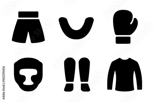 Combat sport gear solid icon set. Fight equipment glyphs for boxing, MMA, kickboxing. Vector symbols of shorts, mouthguard, glove, headgear, shin guard, rashguard.