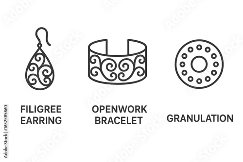 Filigree metalwork icon set. Jewelry design concept. Outline vector earring, bracelet. Granulation technique. Openwork pattern. Isolated illustration. Craft symbol design.