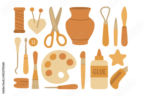 Crafting hobbies tool set. Sewing, pottery, painting equipment collection. Vector illustration in flat design. Minimalist icons for DIY projects. Art supplies, thread, clay.