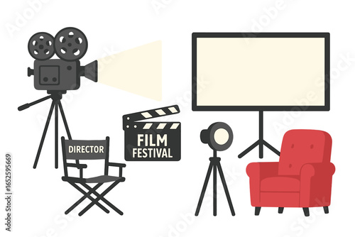 Film festival movie production equipment set. Vector cartoon illustration with vintage camera, director chair, clapperboard, screen for a cinematic entertainment experience.
