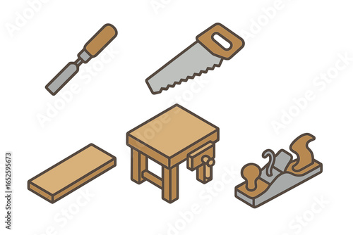 Isometric woodworking tools icons set including chisel, handsaw, workbench, wooden plank, and hand plane for craftsmanship and woodworking projects, vector illustration