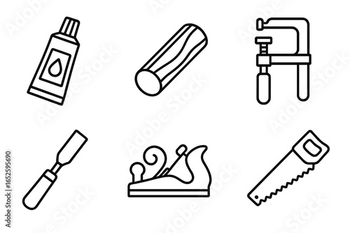 Woodworking Tools Icons Set, Outline Vector Graphics of Wood Glue Tube, Wooden Dowel, Clamp, Chisel, Wood Plane, and Saw for Joinery and Carpentry