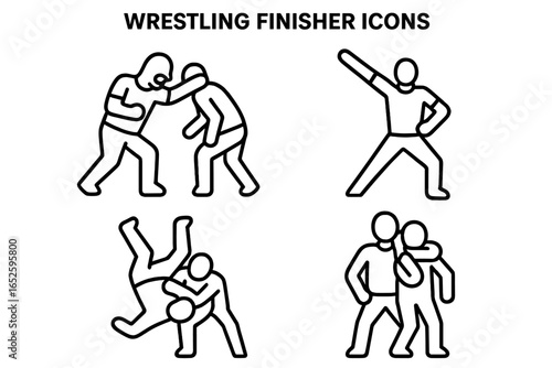Wrestling gear and finisher move icons set, outline vector illustration with wrestling singlet, boots, knee pads, elbow pads, wrestling mask, transparent background