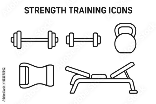 Strength Training Equipment Icons. Outline Vector Set of Barbell, Dumbbell, Kettlebell, Resistance Band, Workout Bench for Fitness and Gym
